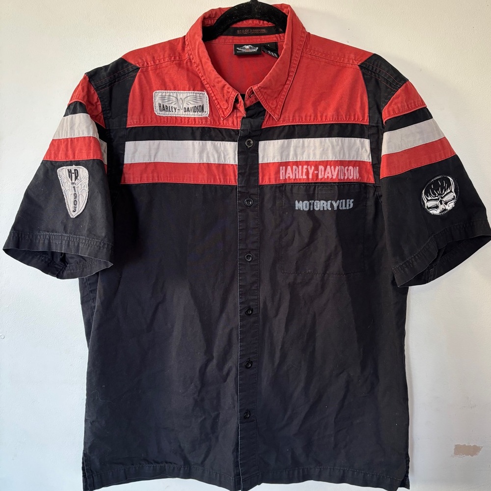 Harley Davidson Biker button up cotton Black Orange Collared Top Patches SZ L
